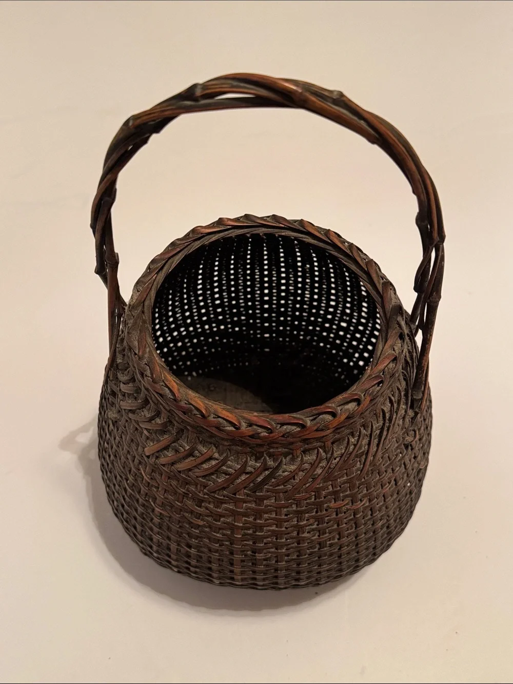 Vintage Japanese Handwoven Brown Wicker Basket with Handle
